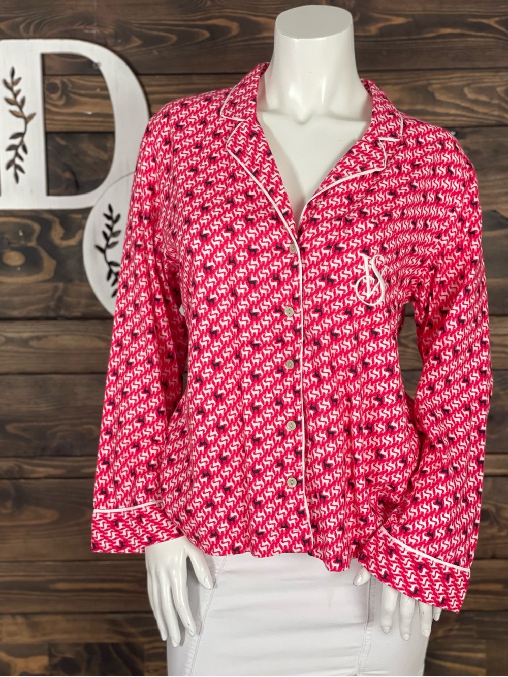 Victoria's Secret | Holiday Flannel Striped Reindeer Pattern Embroidered Pocket